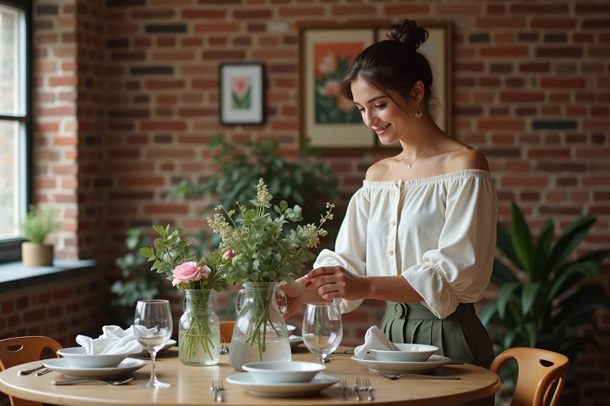 Femme décorant une table d'anniversaire de mariage romantique avec des fleurs abordables et des touches DIY