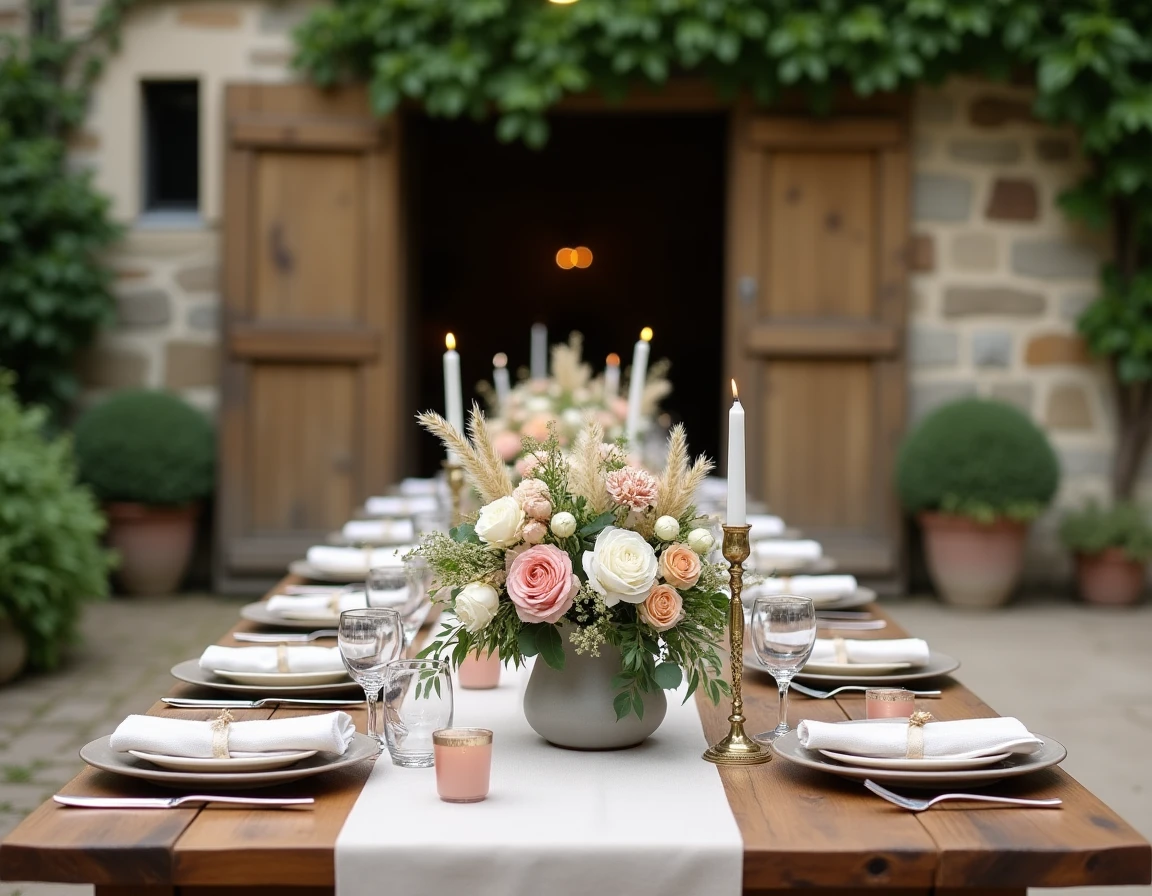 Table de réception champêtre chic pour mariage, décoration en fleurs séchées, céramique mate et lin brut devant une grange en pierre restaurée