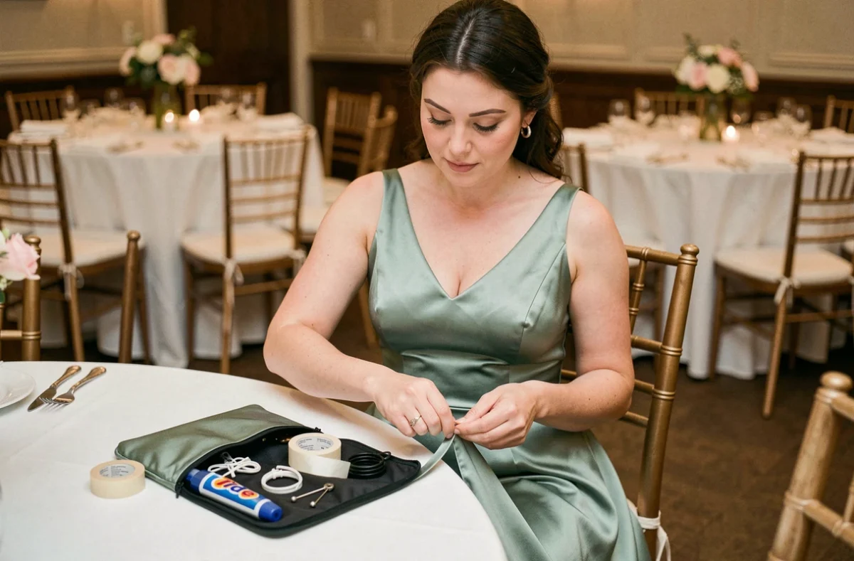 Témoin en robe de demoiselle d'honneur utilisant une épingle de sûreté du kit de survie mariage pour réparer un ourlet pendant la réception