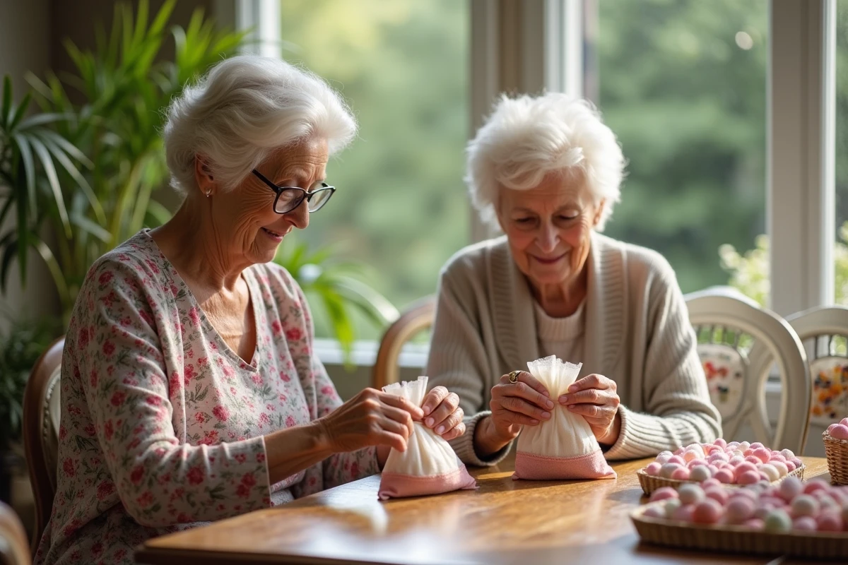 Deux femmes âgées attachant des sachets de dragées dans la véranda