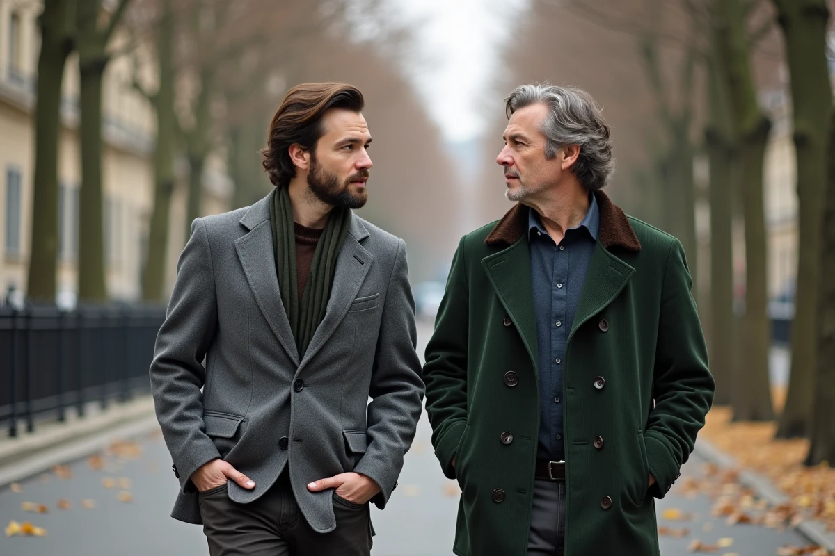 Deux hommes marchant côte à côte sur un boulevard parisien en automne, photographie documentaire de rue