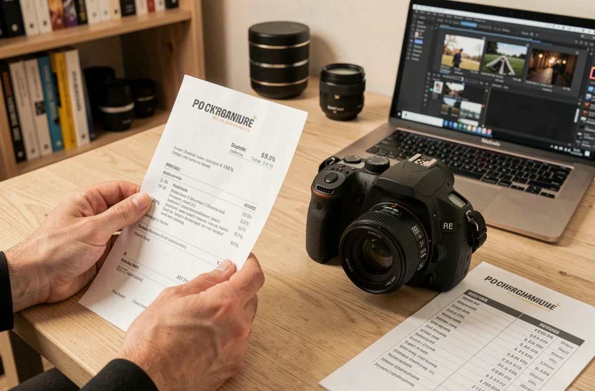 Devis et tarif d'un photographe événementiel posé à côté d'un appareil photo professionnel sur un bureau en bois