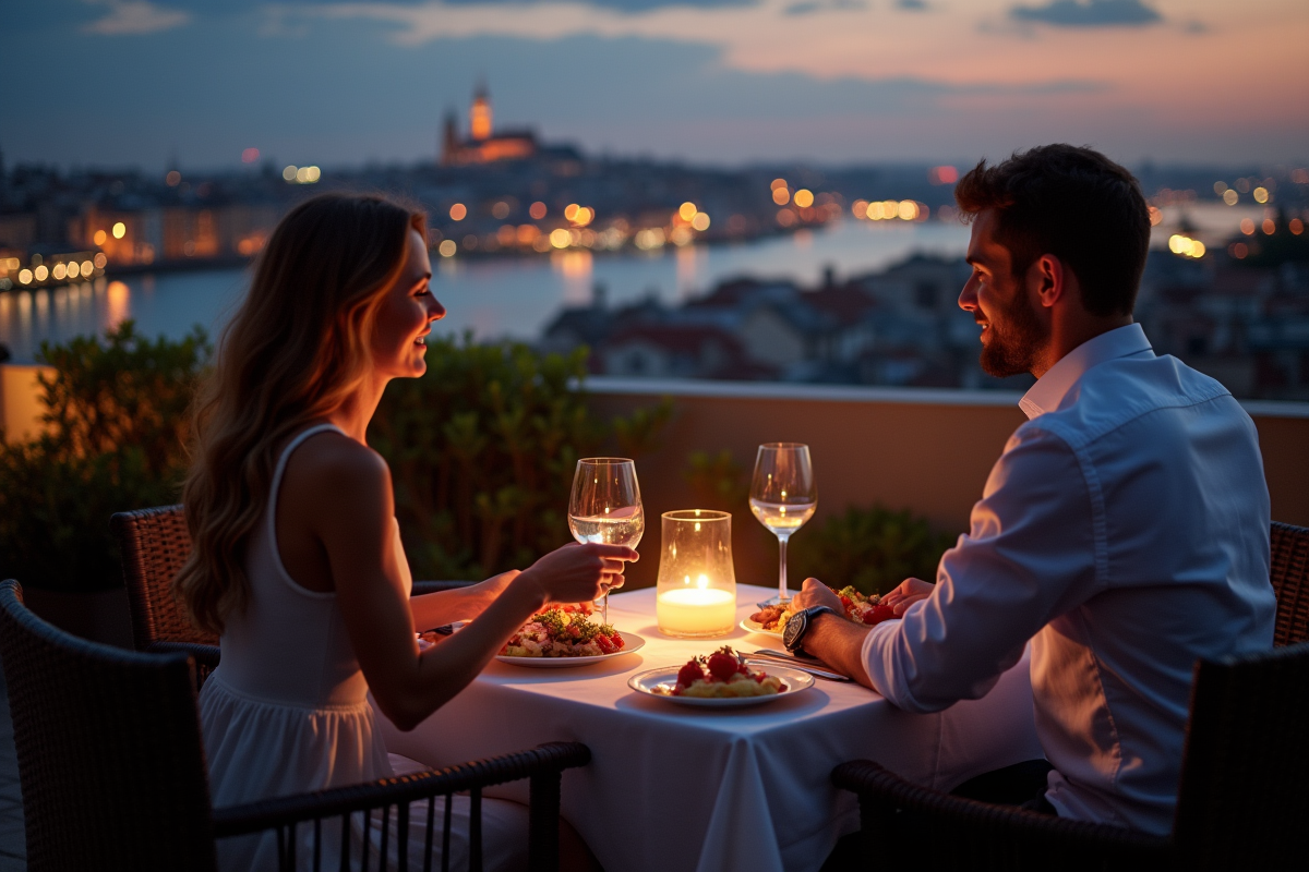 Couple dînant en plein air avec vue sur une ville européenne au crépuscule