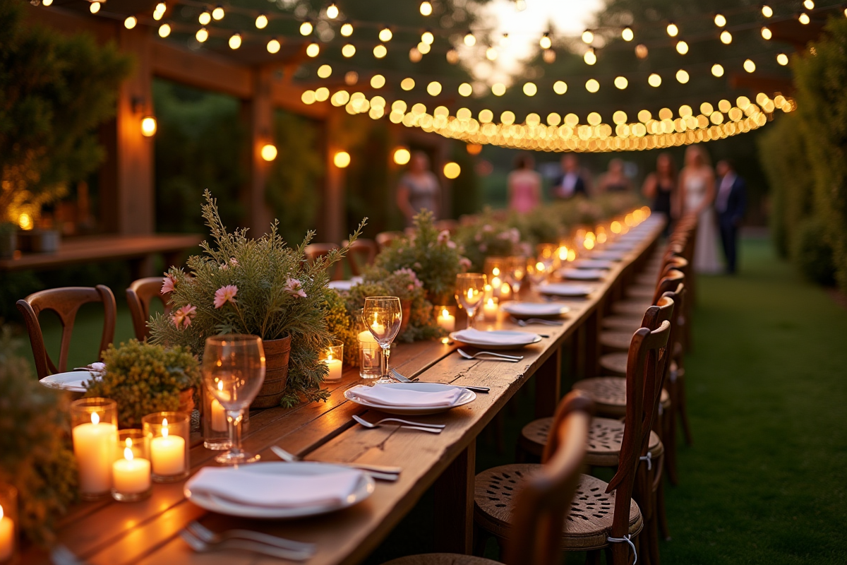 Dîner de mariage en plein air dans un jardin verdoyant