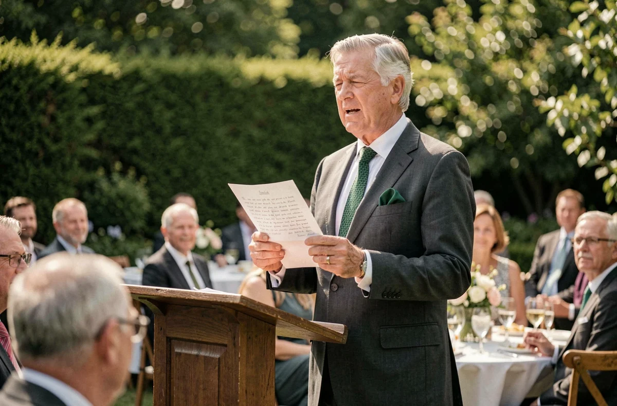 Homme prononçant un discours lors d'un anniversaire de mariage noces d'émeraude dans un jardin lors d'une réception en plein air