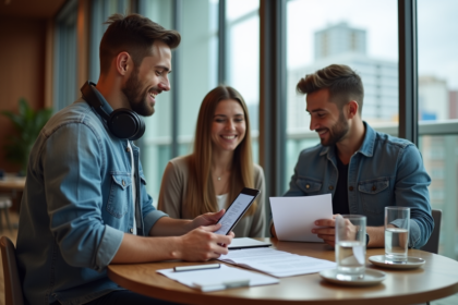 Jeune DJ discutant contrat avec couple dans un lieu moderne