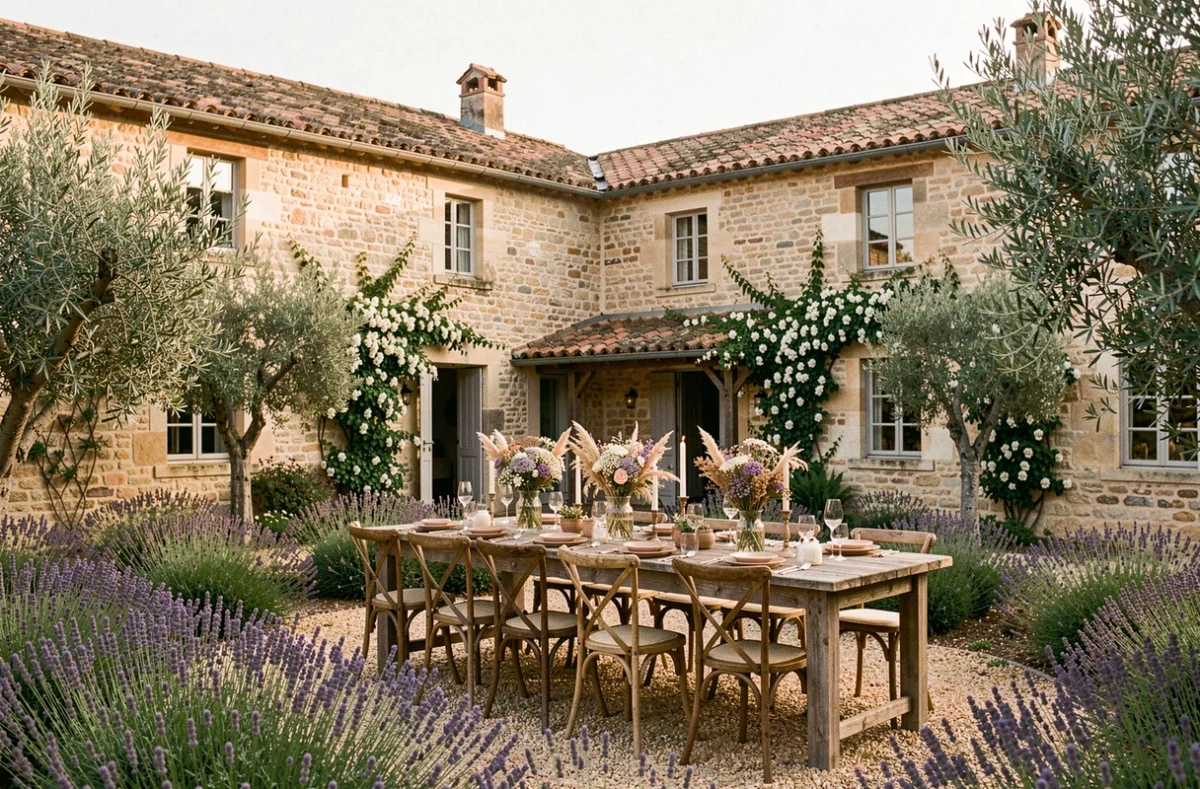 Domaine de Camboyer avec sa ferme du XVIIIe siècle en pierre, son jardin botanique et une table de réception rustique dans la cour
