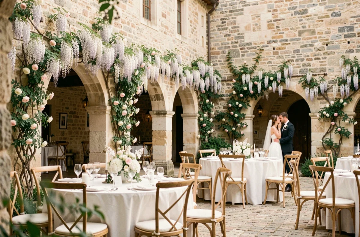 Domaine de Christin en Occitanie avec cour en pierre, arches fleuries et tables de réception élégamment dressées