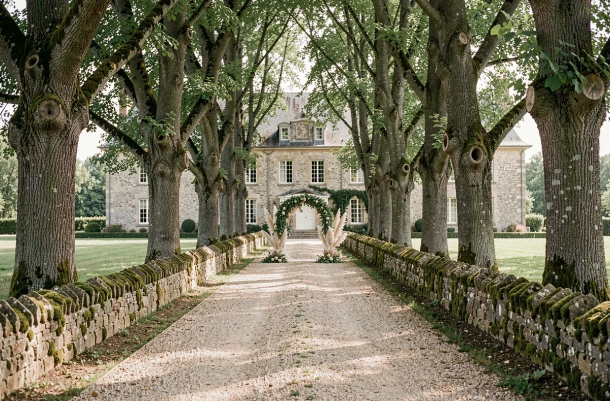 Allée d'arbres centenaires menant à la bâtisse du Domaine de l'Ale avec une arche de mariage en fond de paysage