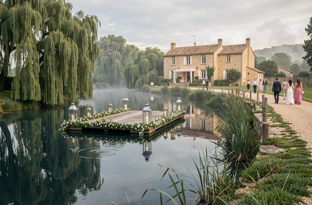 Domaine des Rives avec son mas en pierre reflété dans la rivière bordée de saules et ses décorations florales sur ponton