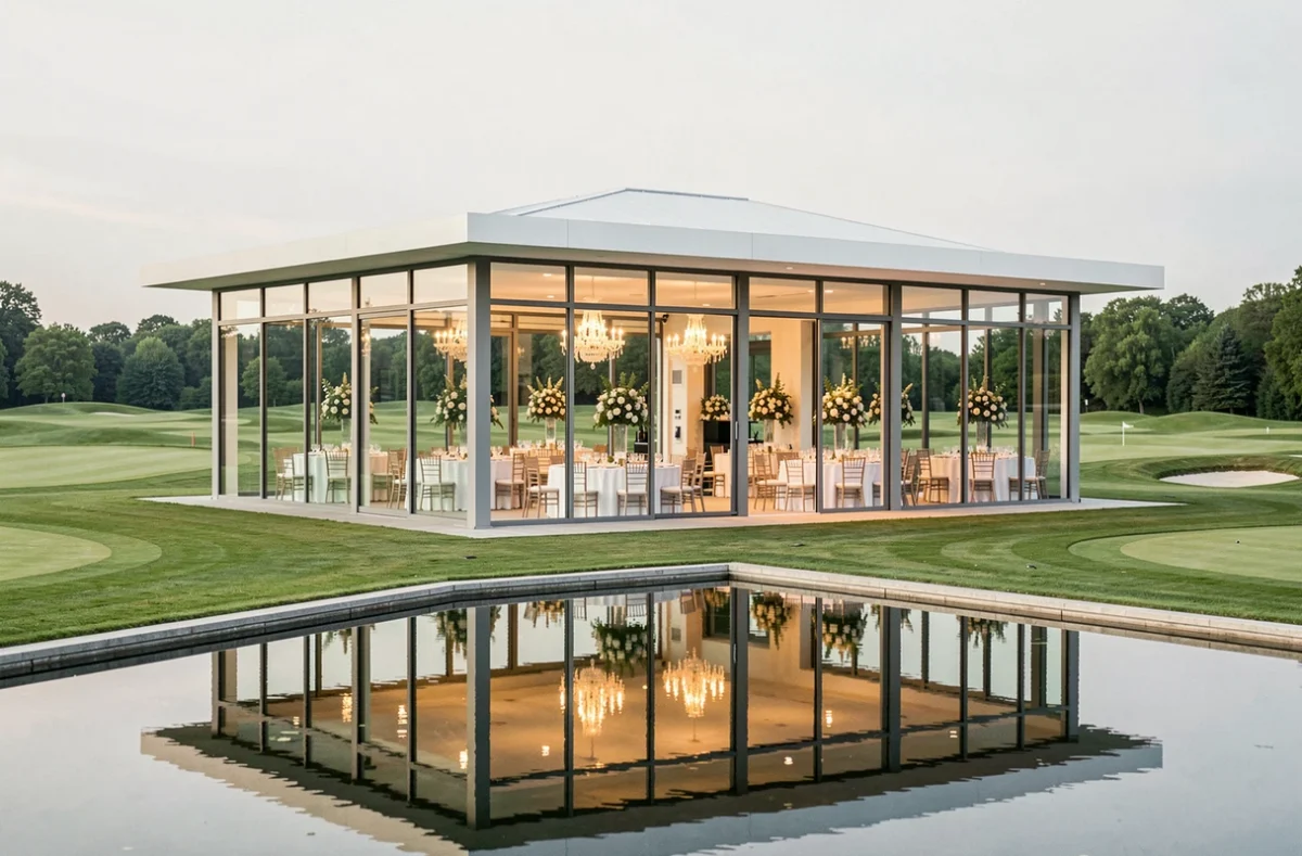 Domaine de la Grange aux Ormes en Moselle avec son pavillon de réception contemporain surplombant le golf