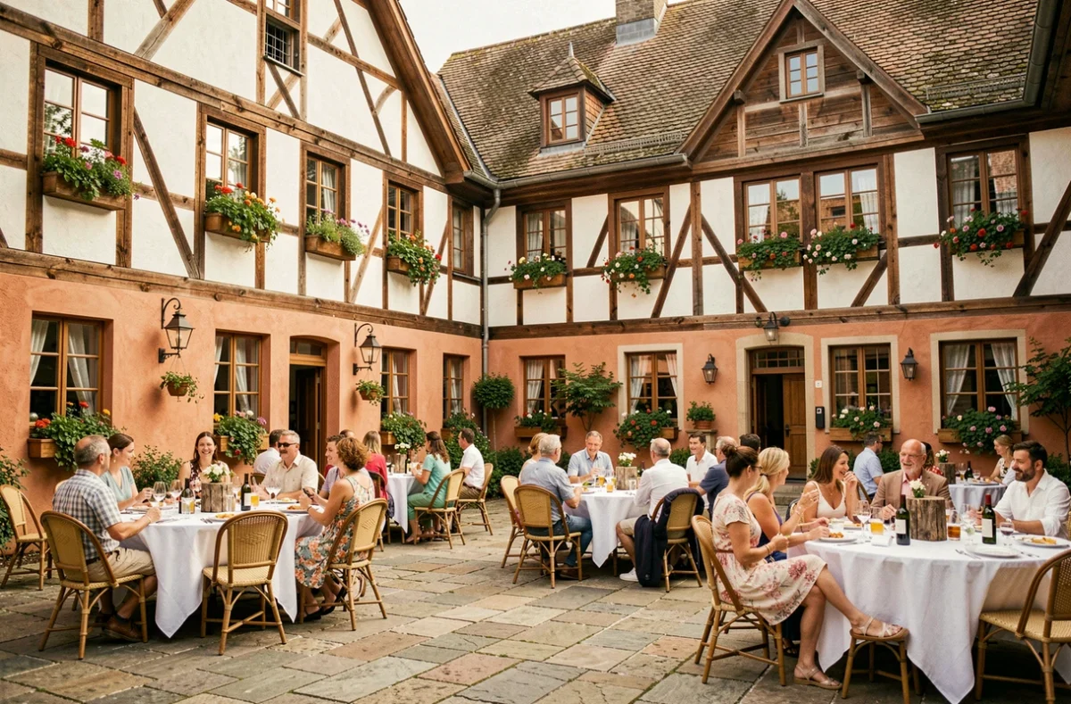 Domaine du Hirtz en Alsace avec sa cour en pierre décorée pour un banquet de mariage alsacien