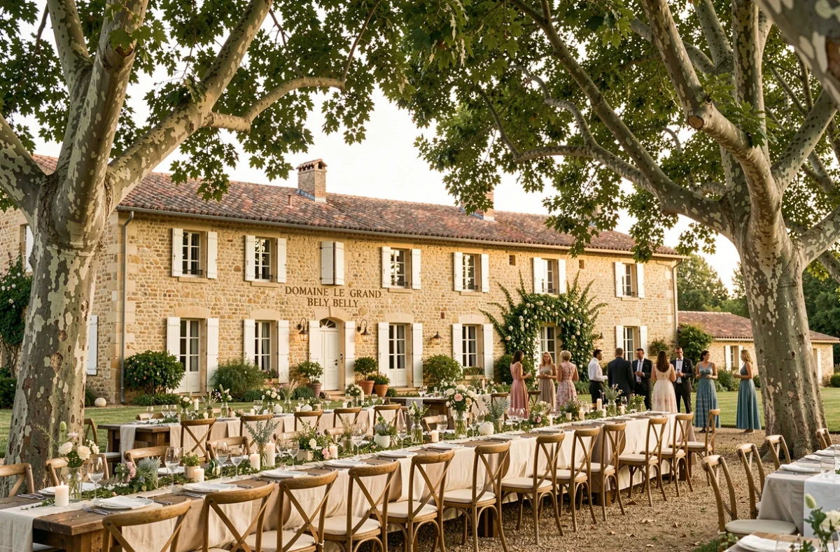 Domaine Le Grand Belly avec ses tables de banquet sous les platanes et sa bâtisse en pierre caractéristique du Languedoc
