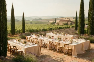 Vue panoramique d'un domaine de mariage en Occitanie avec tables dressées sur une terrasse en pierre entourée de vignes et de lavande