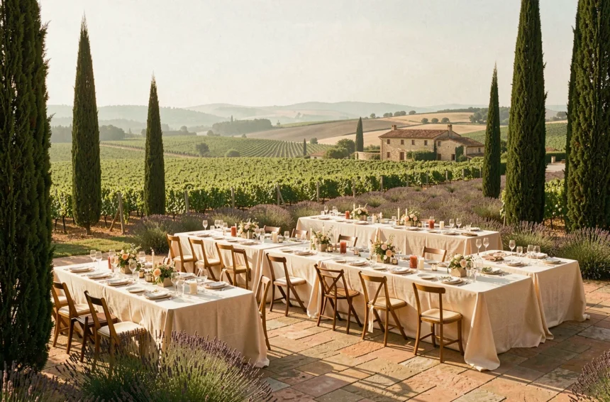 Vue panoramique d'un domaine de mariage en Occitanie avec tables dressées sur une terrasse en pierre entourée de vignes et de lavande