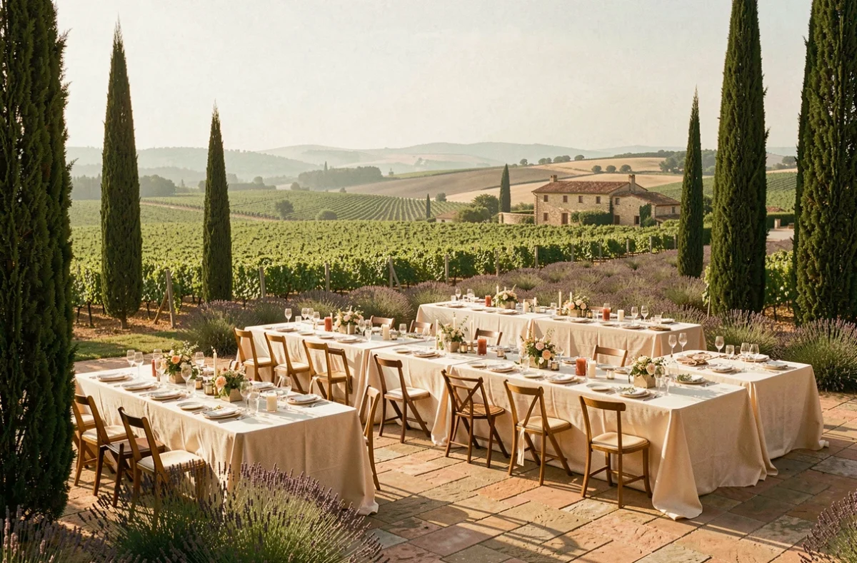 Vue panoramique d'un domaine de mariage en Occitanie avec tables dressées sur une terrasse en pierre entourée de vignes et de lavande
