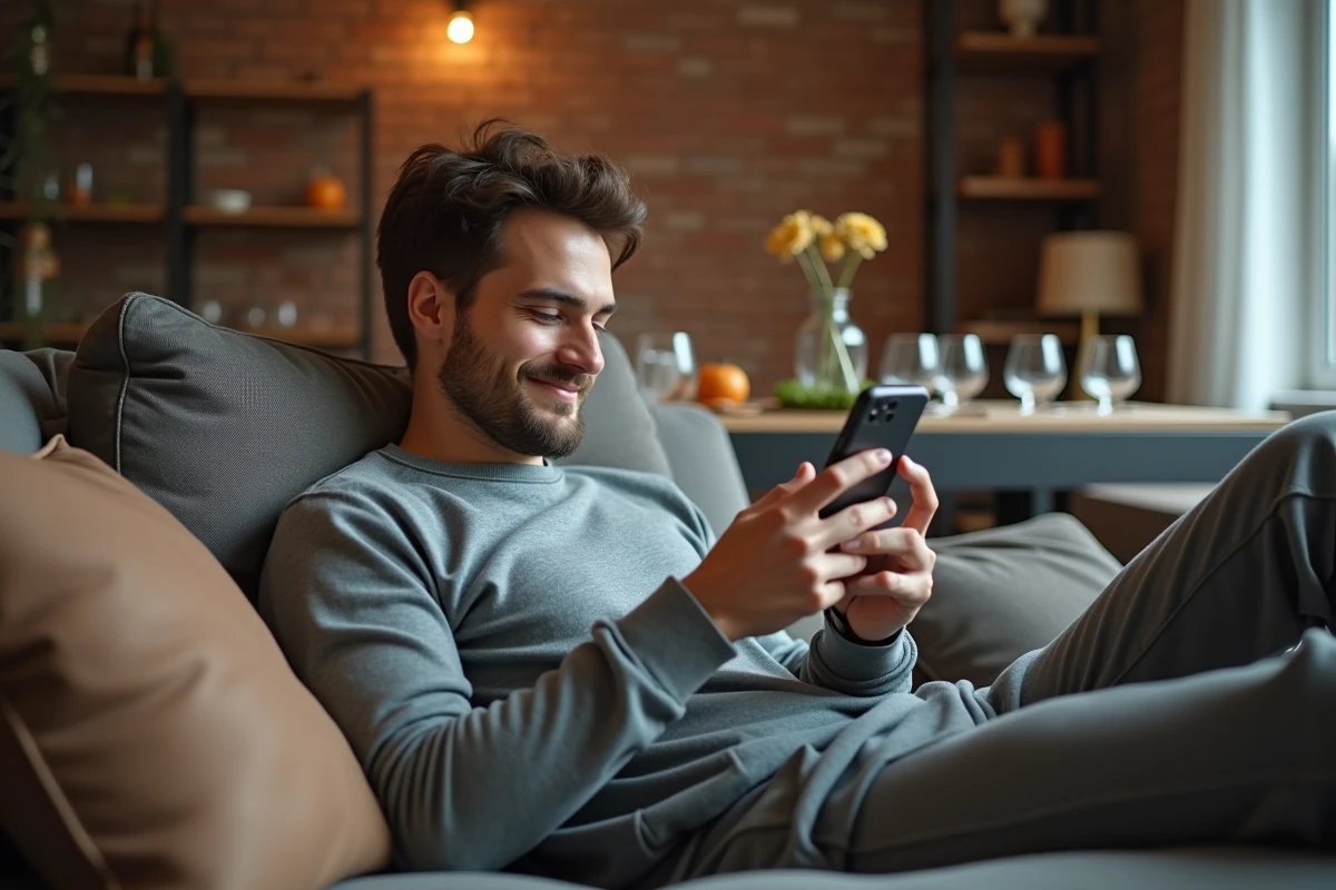 Jeune homme tapant un SMS de remerciement sur son téléphone après une soirée, allongé sur un canapé dans un appartement urbain chaleureux