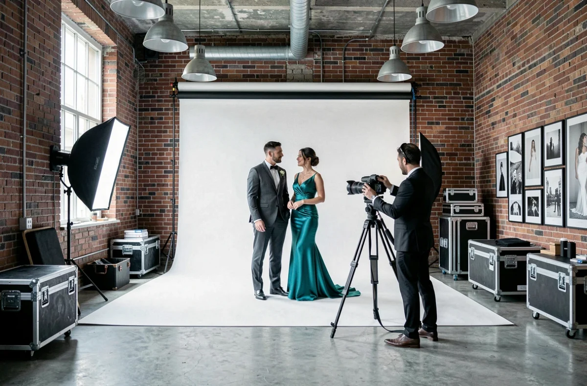 Studio de photographie de mariage ES Studios avec couple en séance de pose sur fond blanc