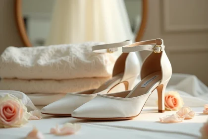 Escarpins blancs en satin avec brides à la cheville posés sur une coiffeuse en bois vintage, entourés de pétales de roses et d'une robe de mariée en dentelle ivoire