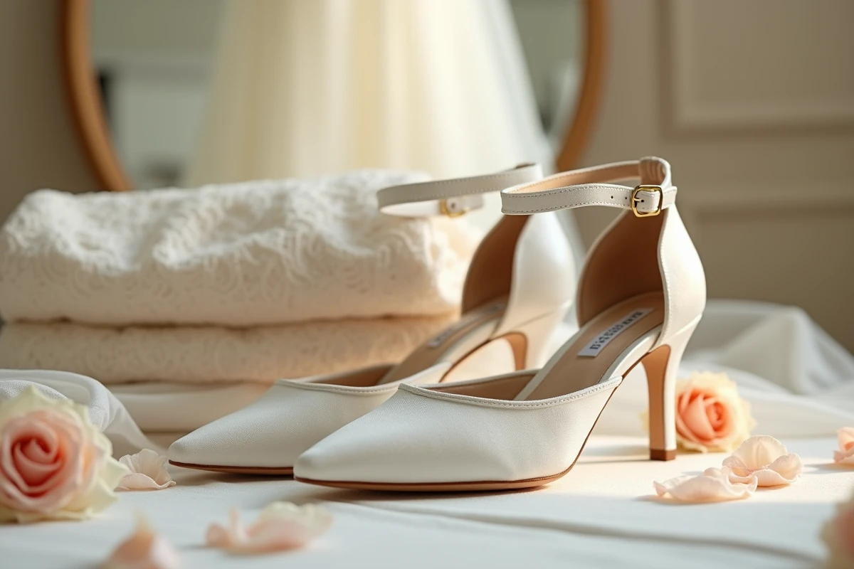Escarpins blancs en satin avec brides à la cheville posés sur une coiffeuse en bois vintage, entourés de pétales de roses et d'une robe de mariée en dentelle ivoire