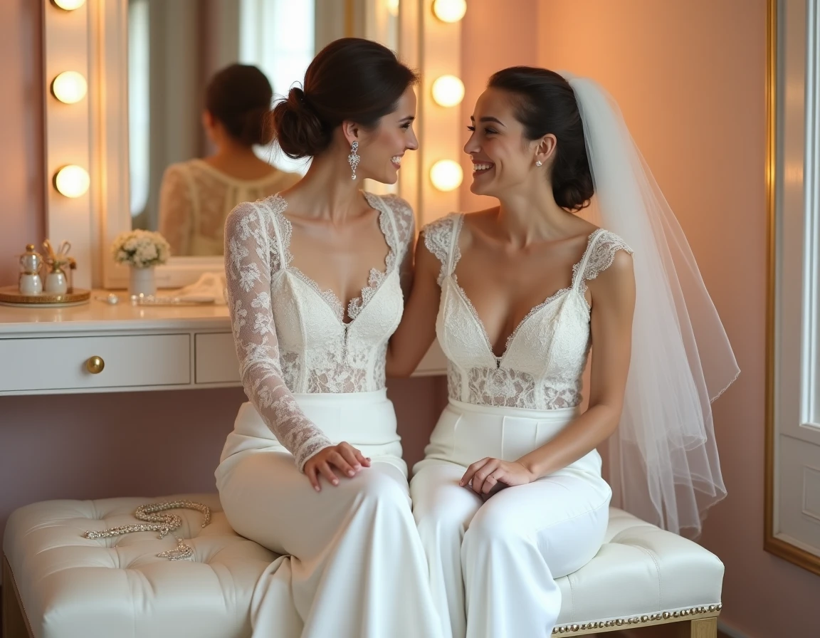 Jeune mariée en combinaison blanche et dentelle palazzo essayant sa tenue dans une boutique de mariage avec une amie