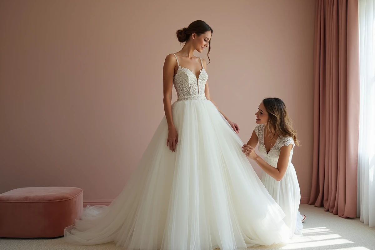 Petite mariée en robe empire à taille haute essayant sa robe avec une styliste dans un salon de mariage rose poudré