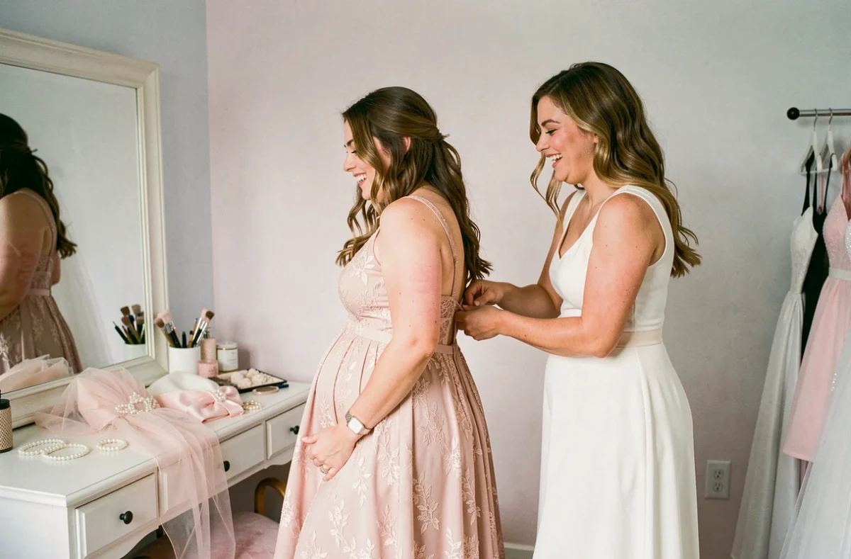 Future mariée enceinte en robe de mariée abordable en dentelle blush essayée avec l'aide d'une amie dans un salon d'habillage chaleureux