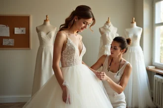 Créatrice de robe de mariée luxe ajustant les finitions sur une robe en soie ivoire lors d'un essayage en atelier de haute couture