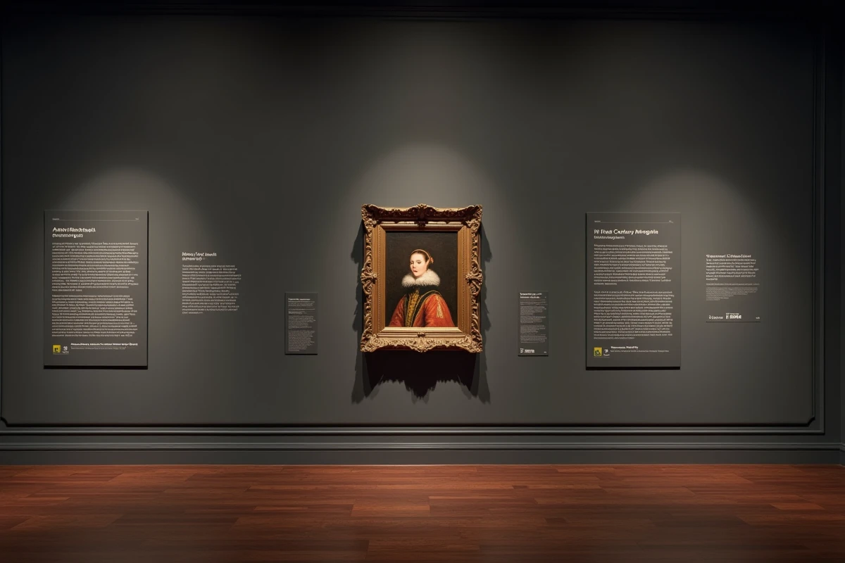 Exposition muséale sur les unions royales Tudor avec portrait encadré de Catherine Parr et chronologie historique affichée sur un mur de galerie