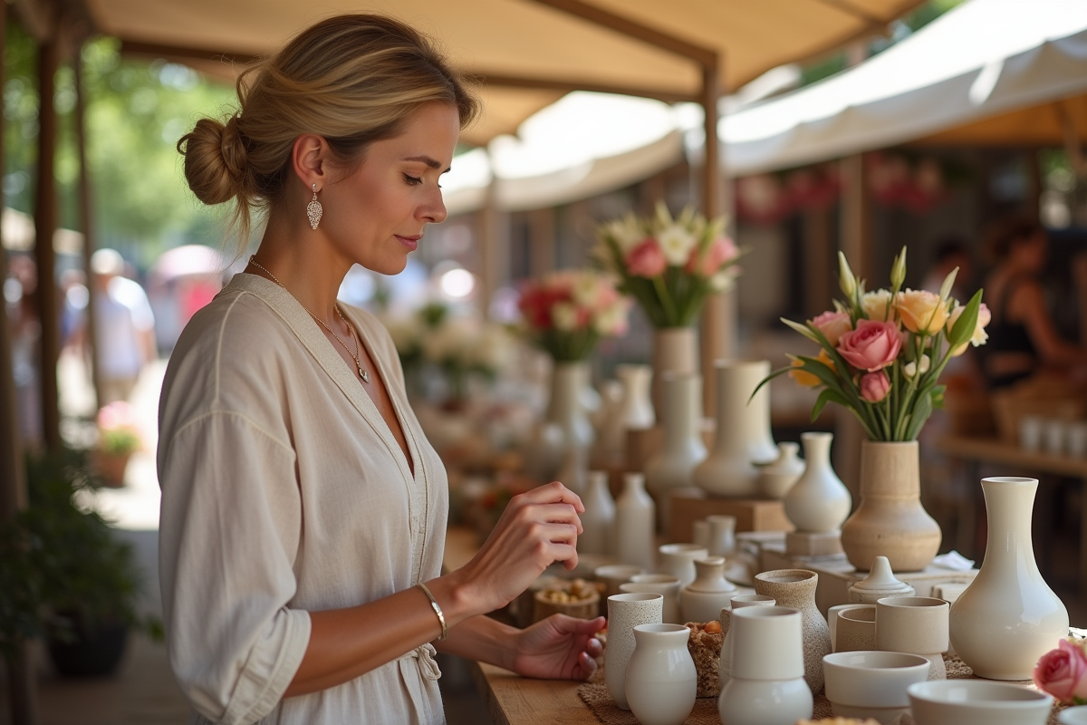 Femme regardant des cadeaux artisanaux au marché en plein air