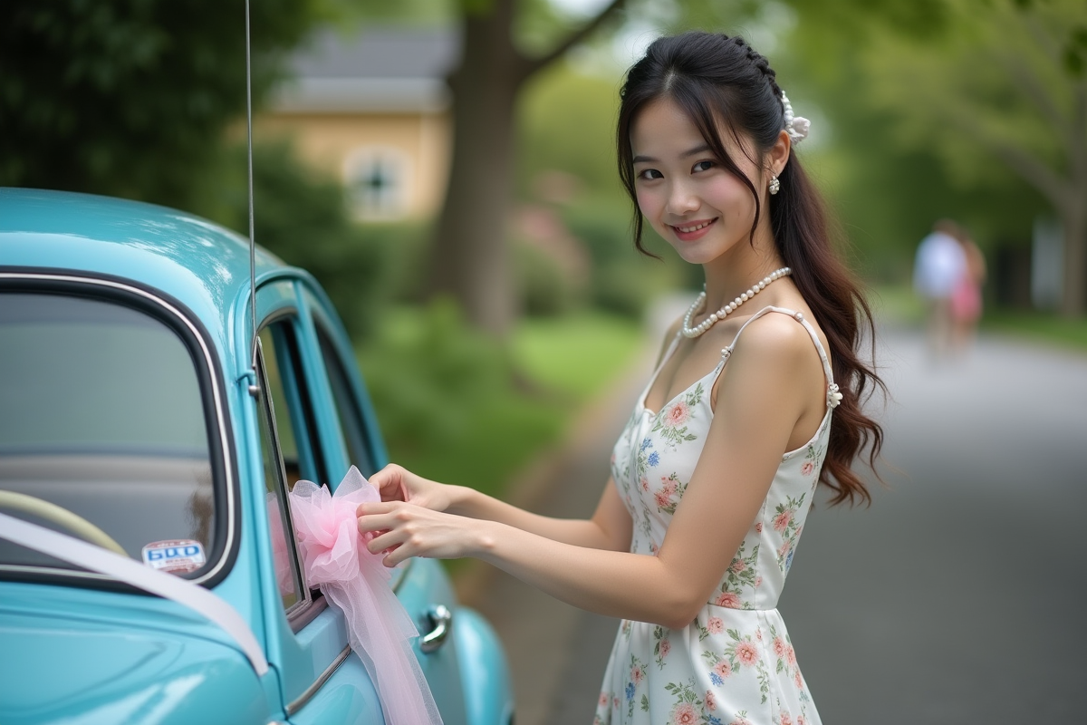 Jeune femme attachant un noeud en tulle sur une voiture ancienne