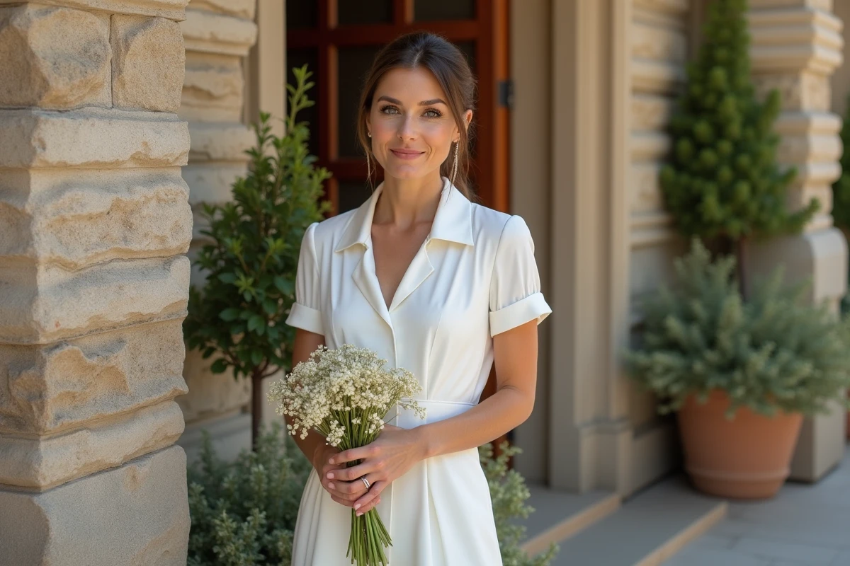 Femme confiante avec bouquet de fleurs dans un lieu charmant