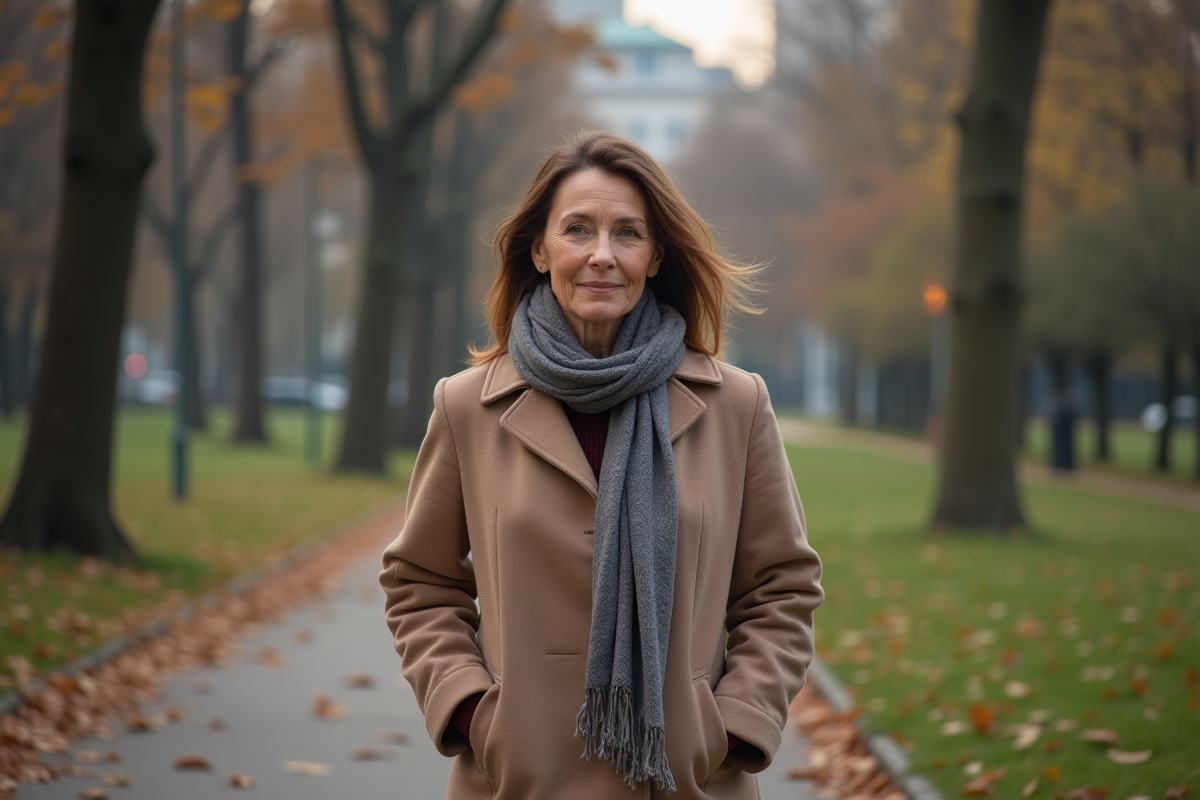 Femme marche dans un parc urbain en automne