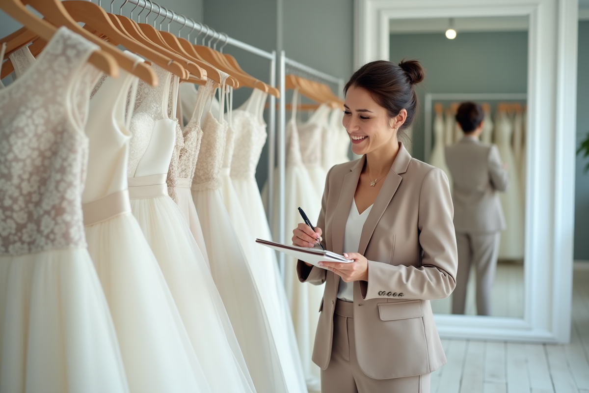Femme écrivant dans une checklist en boutique de mariage
