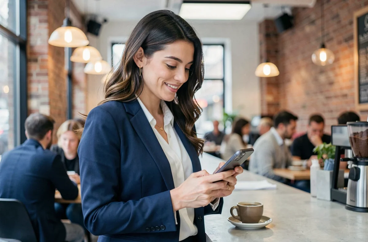 Femme consultant des avis clients Shootnbox sur smartphone dans un café urbain