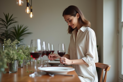 Femme élégante arrangeant des verres de vin rouge