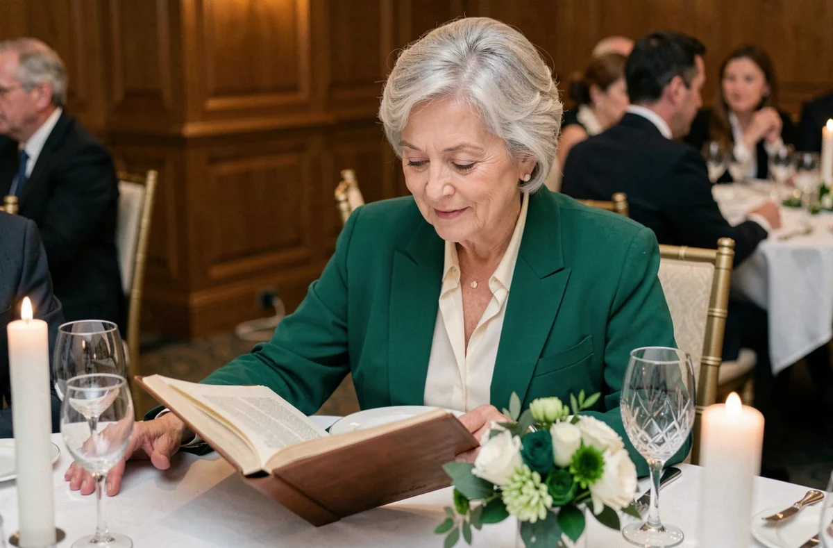 Femme lisant un discours émouvant pour les 40 ans de mariage noces d'émeraude lors d'un dîner de gala élégant