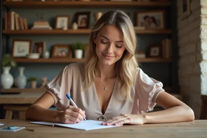 Jeune femme écrivant une carte de félicitations chaleureuse