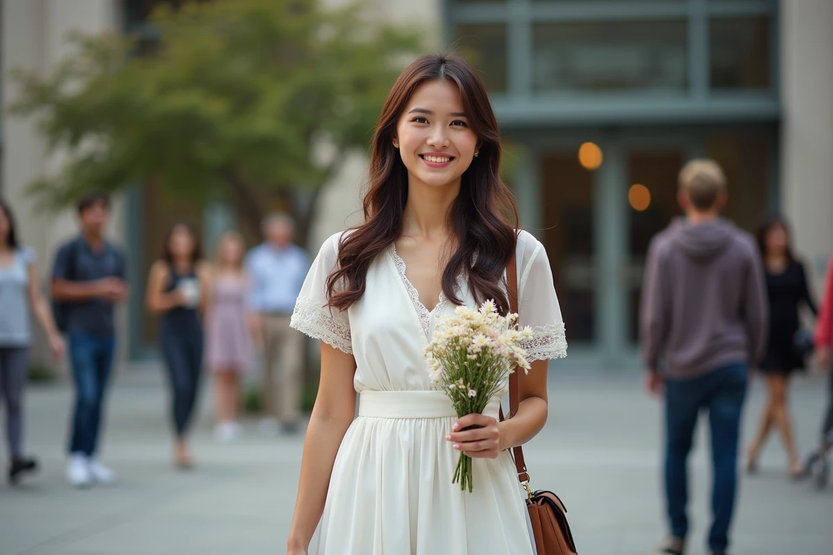 Femme souriante en robe blanche élégante devant la mairie