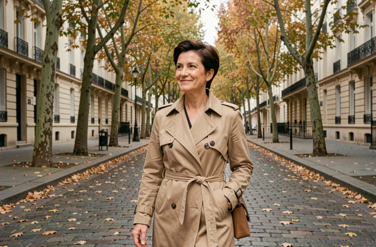 Femme élégante marchant dans une rue parisienne en automne, expression sereine et confiante
