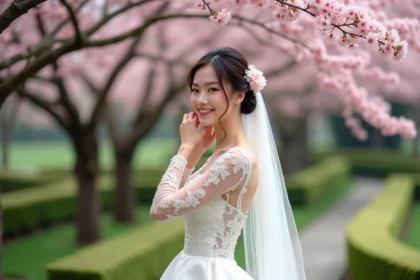 Femme en robe de mariée ajustant une fleur dans ses cheveux sous un cerisier en fleurs