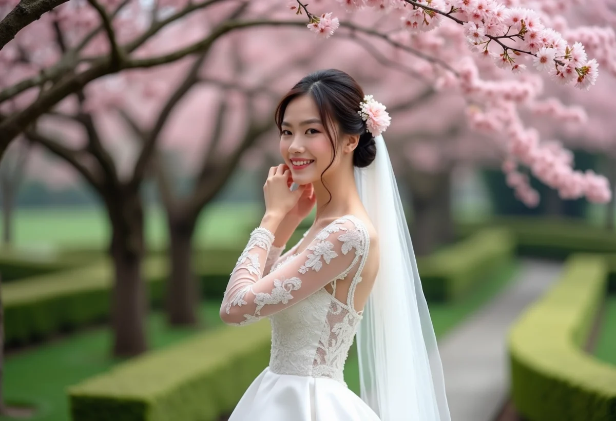 Femme en robe de mariée ajustant une fleur dans ses cheveux sous un cerisier en fleurs
