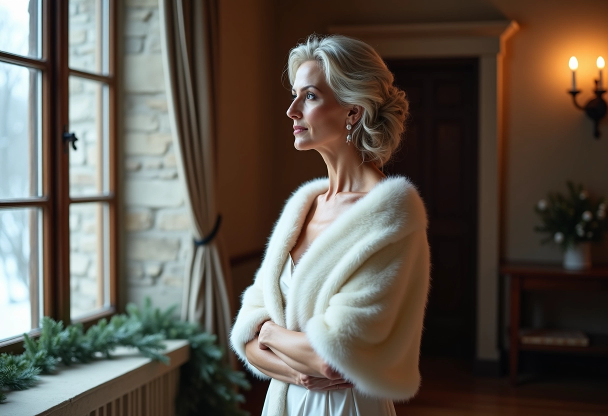 Femme d age moyen en robe de mariée hiver regardant par la fenetre givree