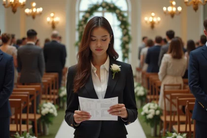 Jeune femme en costume prépare le planning de mariage