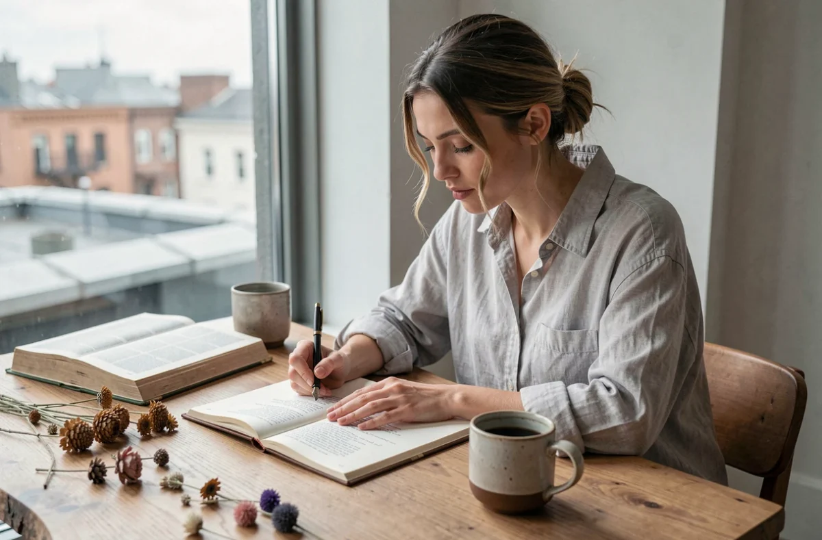 Femme rédigeant son discours de mariage dans un carnet sur un bureau en bois brut dans une ambiance poétique et moderne