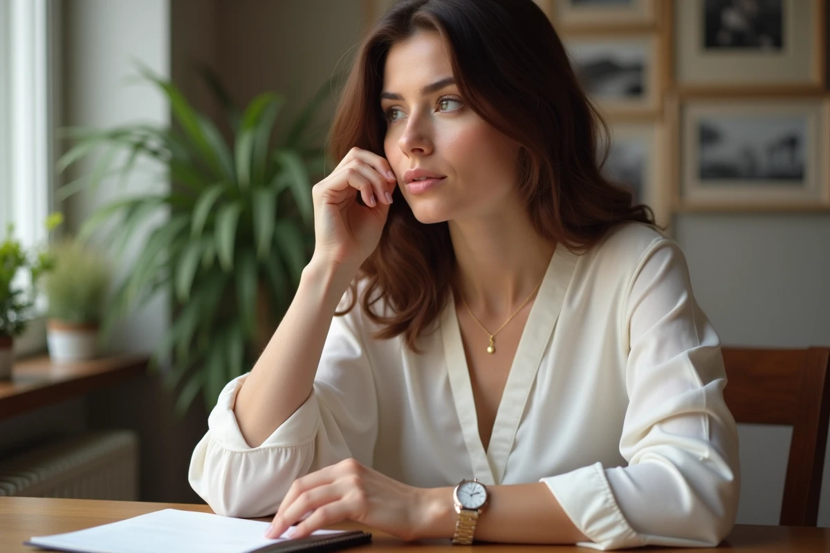 Femme pensant dans un intérieur chaleureux et élégant