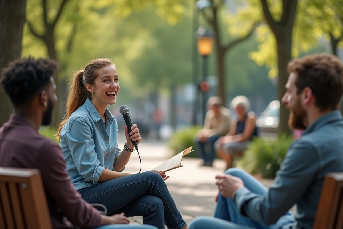 Femme en jean riant dans un parc urbain