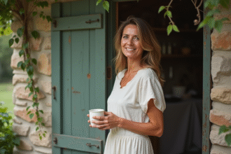 Femme rustique avec mug en main devant porte en bois