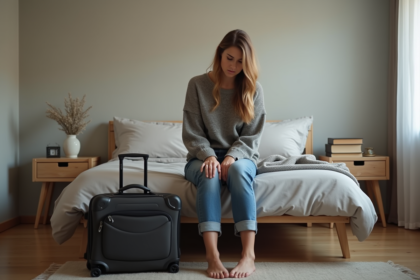 Femme pensant avec valise dans chambre moderne