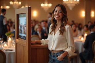 Femme souriante à un mariage avec photobooth élégant